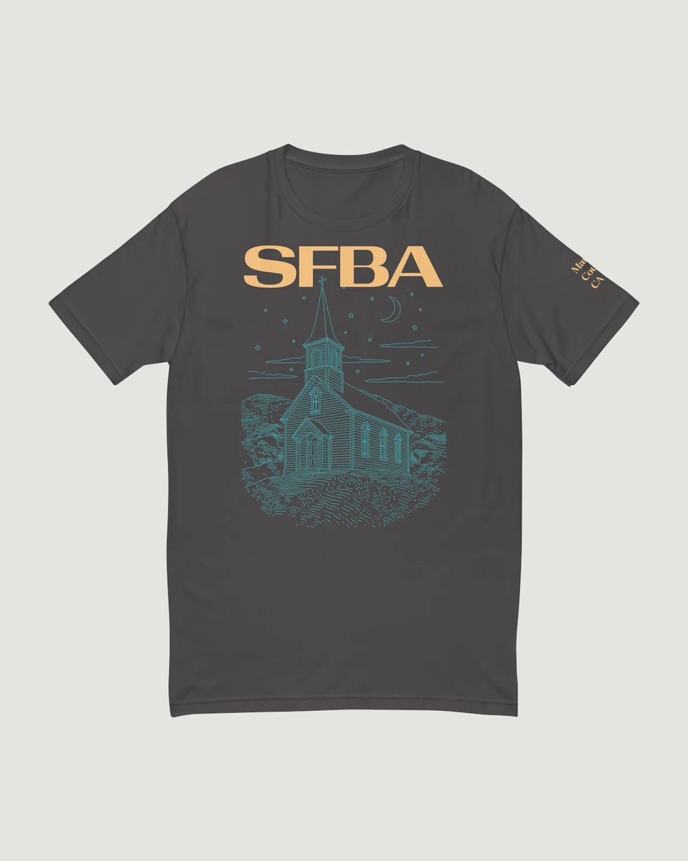 The Church shirt: a line drawing of St. Mary’s in Nicasio