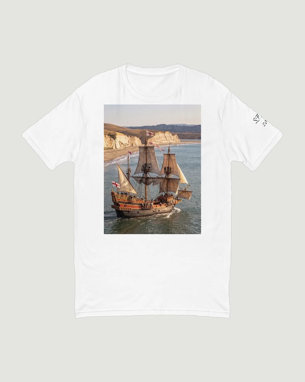 The Drake shirt, front: the Golden Hind off the white cliffs
