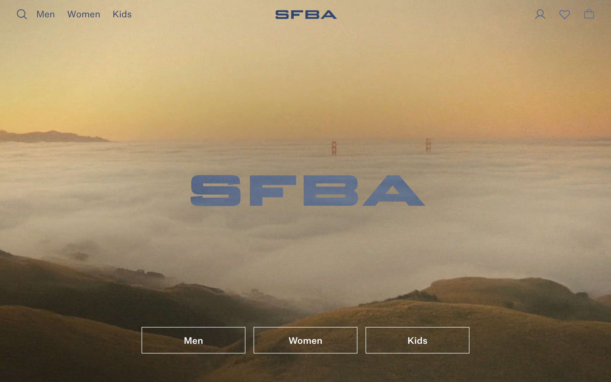 The sfba.shop home page: fog over the Golden Gate Bridge at dusk with the blue SFBA wordmark in the middle and Men, Women and Kids buttons below
