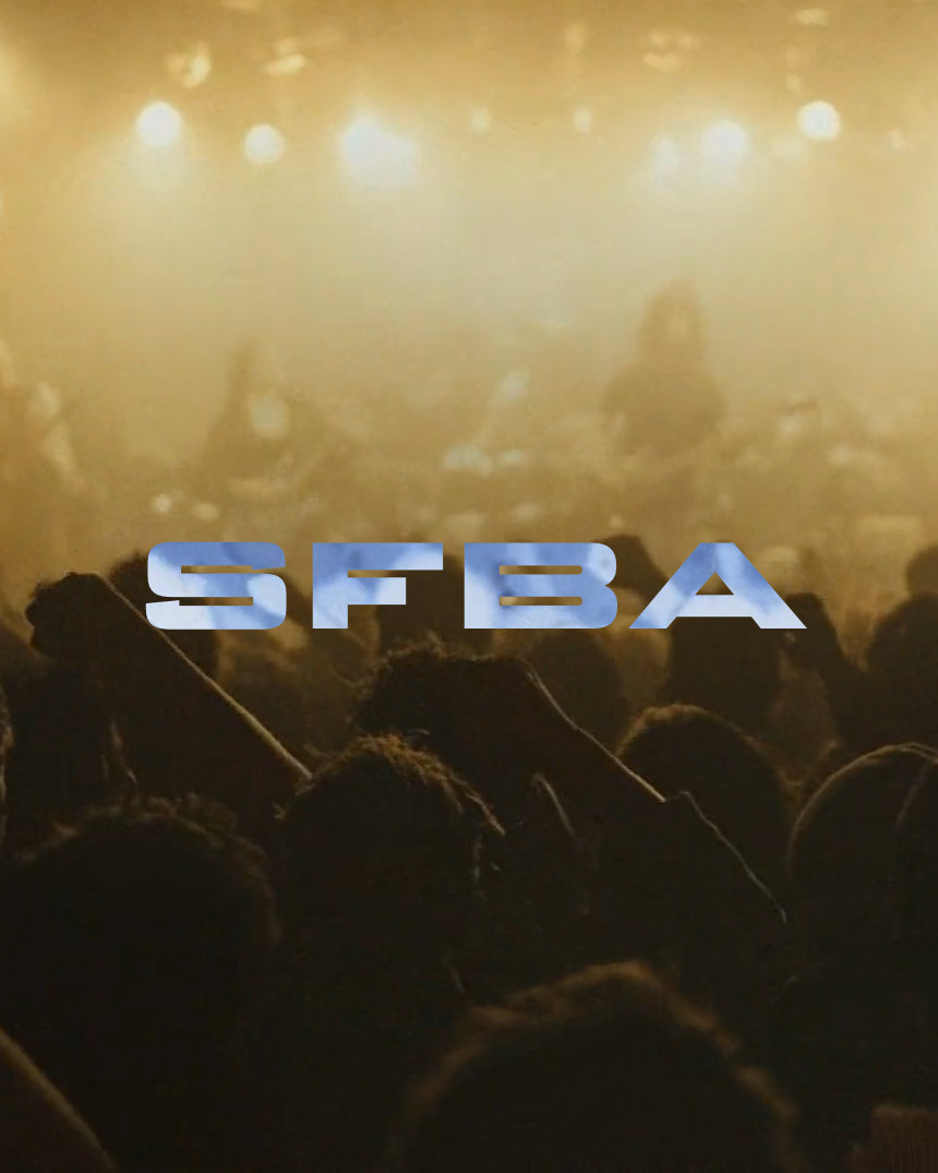 The SFBA wordmark over the hero photograph on a phone