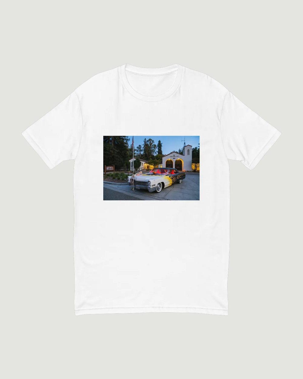The Ross Fire shirt: a flame-painted Cadillac in front of the Ross firehouse